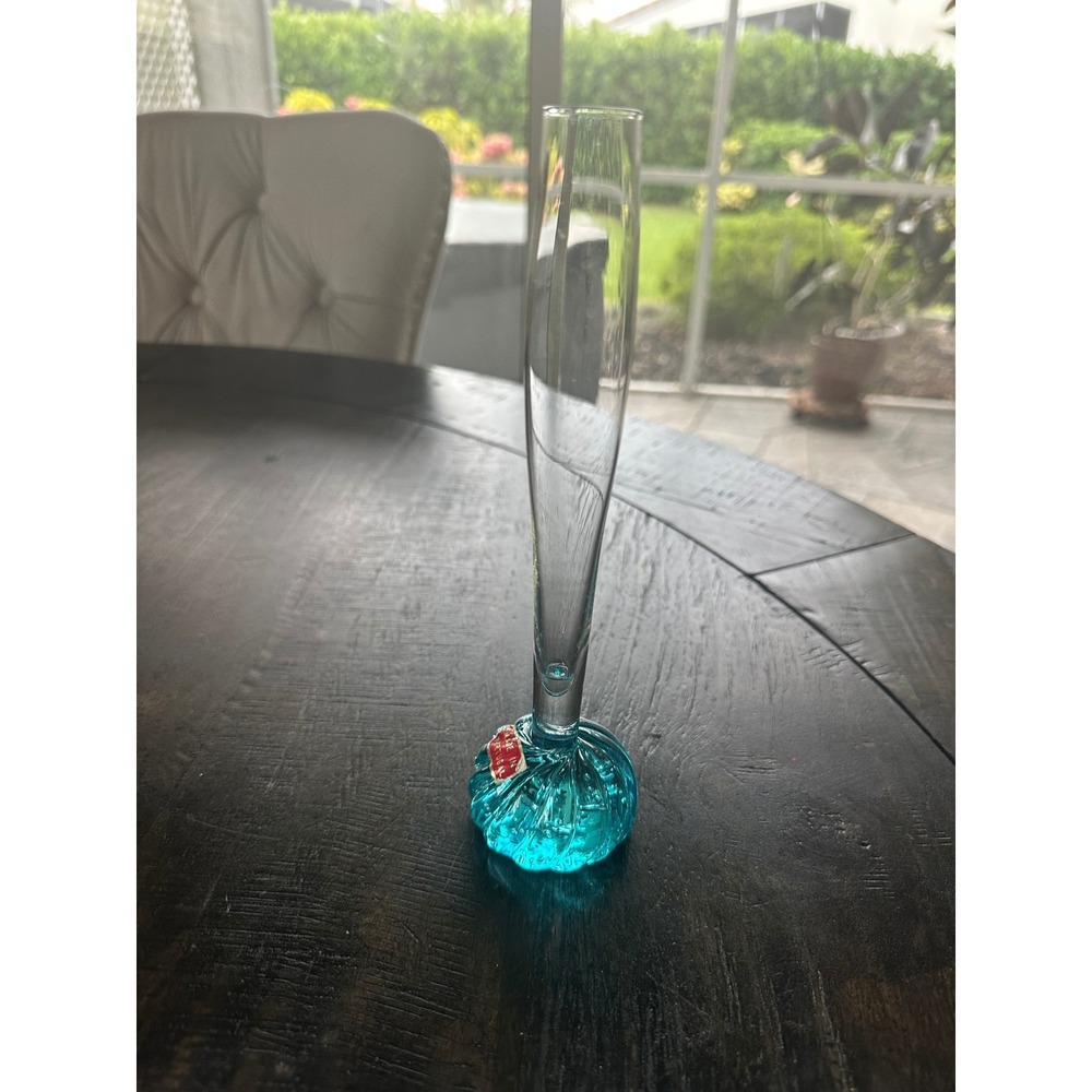 Vintage Portugal Hand Blown Glass Bud Vase Turquoise Blue Controlled Bubble Base
